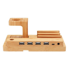Cargar imagen en el visor de la galería, Soporte Estación de bambú 4 puertos USB/ Tablet / iPhone / iPad / Apple Watch
