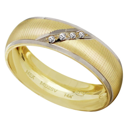 Anillo Argolla Matrimonio Satinada Diamantada 4 Zirconias Oro 14k