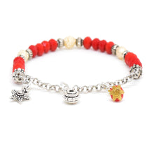 Cargar imagen en el visor de la galería, Pulsera Piedras Rojas y Blancas Con Toques Plata Dijes