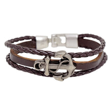 Cargar imagen en el visor de la galería, Pulsera Piel Tres Tiras Café Ancla Acero Inoxidable Hombre
