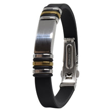 Cargar imagen en el visor de la galería, Pulsera Caucho Placas Plateadas y Doradas Acero Inoxidable