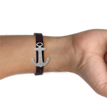 Cargar imagen en el visor de la galería, Pulsera Piel Café Hebilla Ancla Acero Inoxidable Hombre