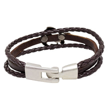 Cargar imagen en el visor de la galería, Pulsera Piel Tres Tiras Café Ancla Acero Inoxidable Hombre