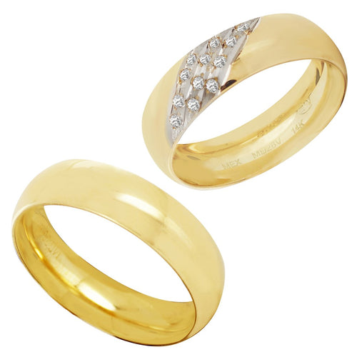 Par Argollas Anillos de Matrimonio Lisa y 12 Zirconias Oro 14k