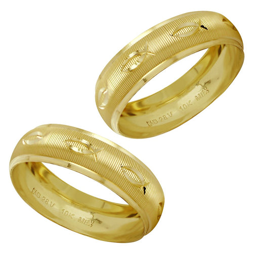 Par Argollas Anillos de Matrimonio Satinada Diamantadas Peces Oro 10K