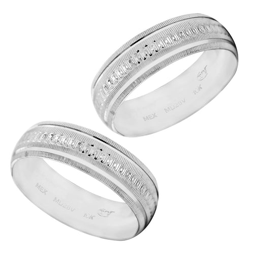 Par Argollas Anillos de Matrimonio Diamantadas Grabado Círculos 10K Oro Blanco