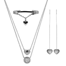 Cargar imagen en el visor de la galería, Juego de Collar Dije Botón Corazón Brazalete y Aretes Corazón Acero Inoxidable