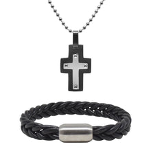 Cargar imagen en el visor de la galería, Juego de Collar Cruz y Pulsera Piel Acero Inoxidable