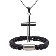 Cargar imagen en el visor de la galería, Juego de Collar Cruz Plateado y Negro Acero Inoxidable y Pulsera de Piel