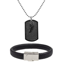 Cargar imagen en el visor de la galería, Juego de Collar Placa Negra con Dije de Ala  y Pulsera Piel Tejida