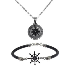Cargar imagen en el visor de la galería, Juego de Collar Dije Brújula Timón Acero Inoxidable y Pulsera de Caucho Timón
