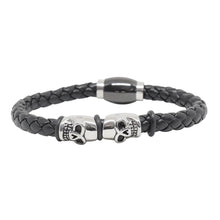 Cargar imagen en el visor de la galería, Pulsera Trenzada Piel 2 Cráneos Calavera Acero Inoxidable