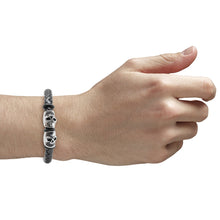 Cargar imagen en el visor de la galería, Pulsera Trenzada Piel 2 Cráneos Calavera Acero Inoxidable