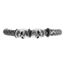 Cargar imagen en el visor de la galería, Pulsera Trenzada Piel 2 Cráneos Calavera Acero Inoxidable