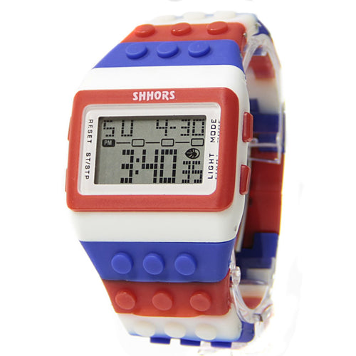 Reloj de Bloques Tipo Lego Shhors Digital Led Niños Blanco-Azul