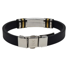 Cargar imagen en el visor de la galería, Pulsera Caucho Placas Plateadas y Doradas Acero Inoxidable