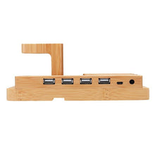Cargar imagen en el visor de la galería, Soporte Estación de bambú 4 puertos USB/ Tablet / iPhone / iPad / Apple Watch