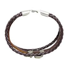 Cargar imagen en el visor de la galería, Pulsera Piel Tres Tiras Café Ancla Acero Inoxidable Hombre
